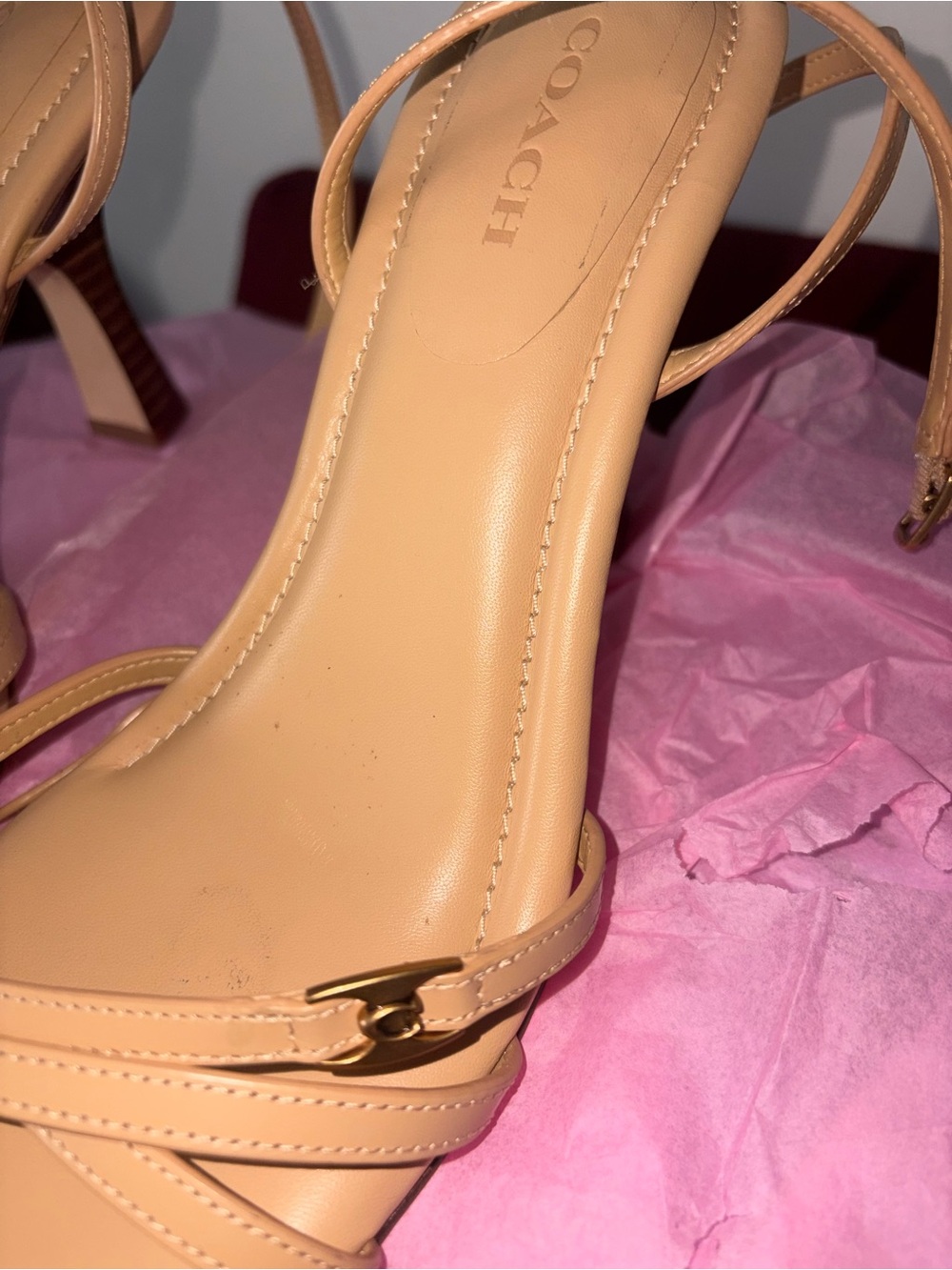 Coach Women's Nude Strappy Square-Toe Heels - Picture 5 of 7